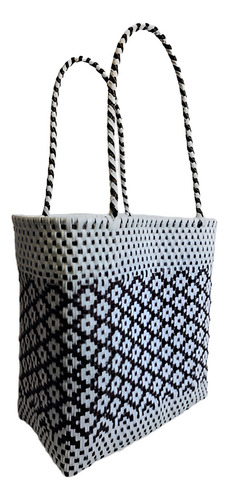 Bolsa Toquilla Blanco Cafe Forma Florecitas Mango Madera