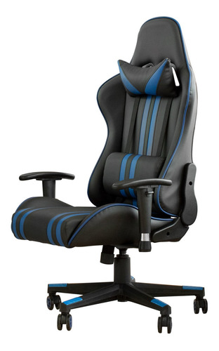 Imagen 2 de 3 de Silla de escritorio Tisera F01 gamer ergonómica negra y azul con tapizado de cuero sintético
