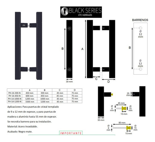 Jaladera Cuadrada Negra Inoxidable Tipo H 150 Cm Para Puerta
