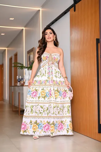 Vestido Longo Lastex Tomara Caia Com Alça Franzido Regulável
