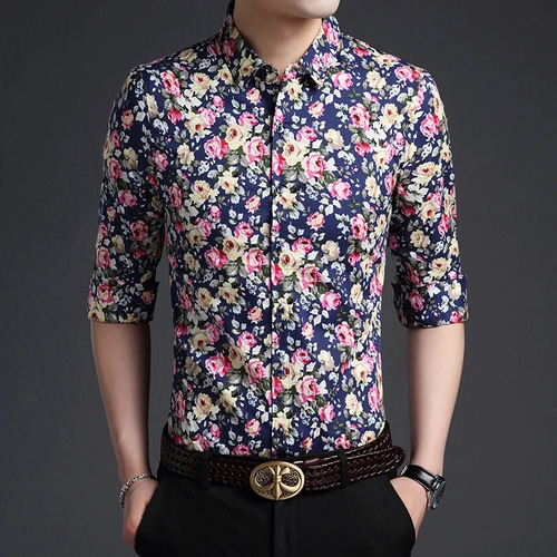 Camisa Con Estampado De Flores Para Hombre, Camisa De Vestir
