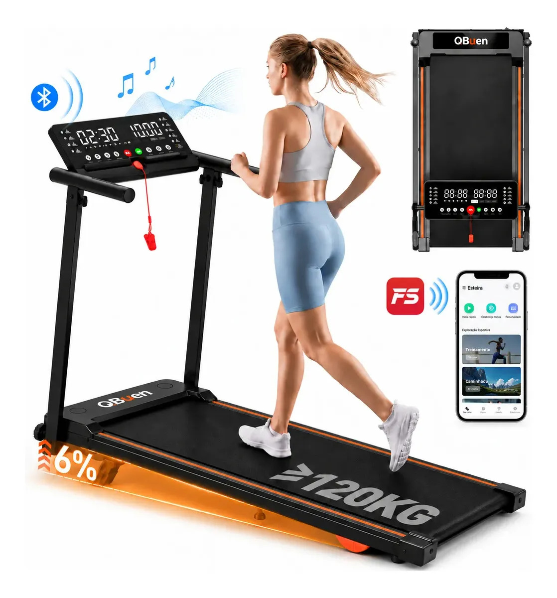 Esteira Elétrica Dobrável QBuen para Casa e Apartamento, 2.5HP, 12km/h, Suporta 120kg, Bluetooth, App, Tela LED e Bivolt, Inclinação Manual 6°, Monitor Cardíaco