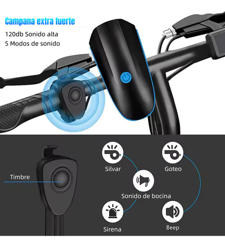 Faros Para Bicicleta 3 Modos De Iluminación Carga Usb Claxon Aleatorio