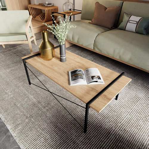 Mesa De Centro Para Sala Portofino Metal Y Madera Color Marrón claro