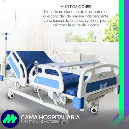 Cama Hospitalaria Eléctrica 3 Motores Posiciones Multi-ajustables Con Colchón Control Remoto Barandales Porta Suero Altura Ajustable Min 47 CM Max 72 CM