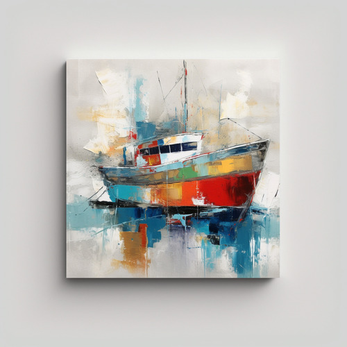 40x40cm Pintura Abstracta En Tela: Barco Bastidor Madera