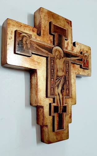 Cruz Crucifijo De Giotto - Dorado A La Hoja - 24 X 20 Cm.