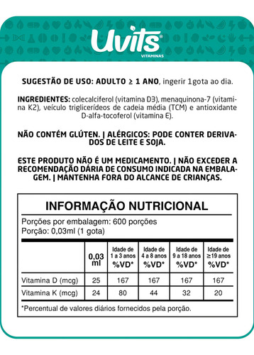 Vitamina Kids D3 E K2 Em Gotas 600 Doses 20ml - Uvits Sabor Sem Sabor