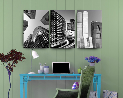 Imagem 2 de 5 de Kit 3 Quadros Decorativos 60x40 Abstrato Cidade Moderna R23