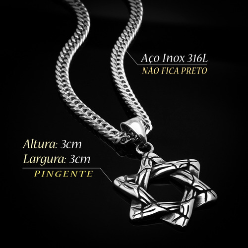 Corrente Colar Pingente Estrela Davi J-1391 Aço Inox Prata
