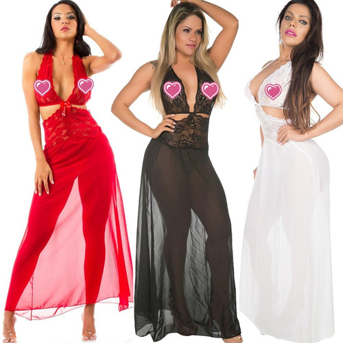 Conjunto Camisola Longa Em Renda Transparente Abertura Lado