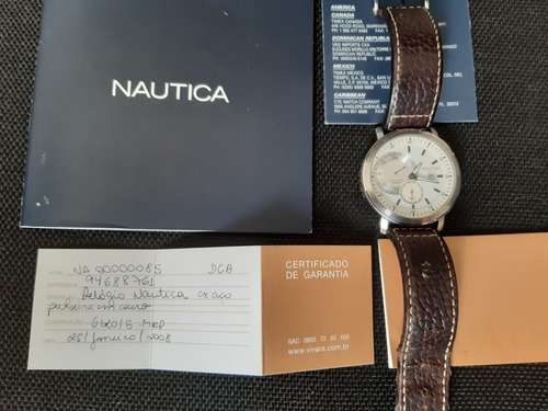 Relógio Nautica Caixa Aço / Pulseira Em Couro Marrom