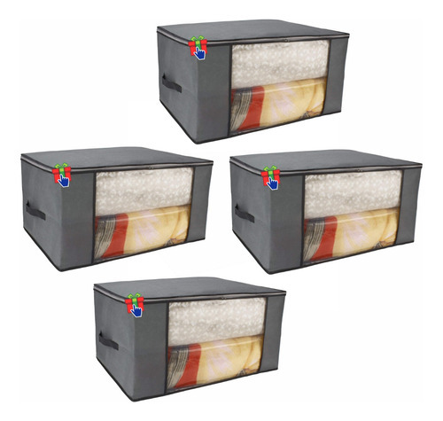 Imagen 1 de 8 de Set X4 Organizadores Ropa Cama Tela Cierre 60x45x30cm