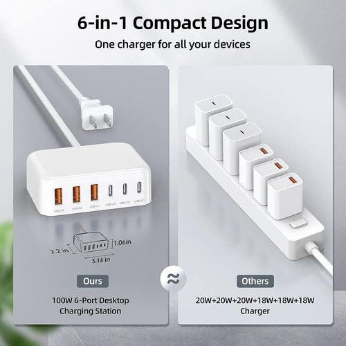 Bloque Cargador Usb C, 100w Gan 6 Puertos Pd Usb C Y Qc ...