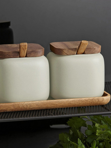 Contenedores Especieros Ceramica Tapa Cuchara Bambu Bandeja Color Blanco