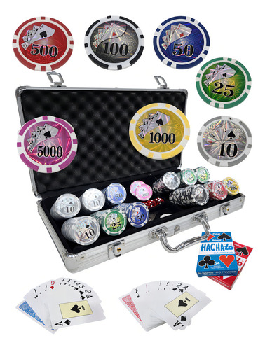 Juego Póker 300 Fichas Profesionales De 11,5 Gramos Con Numeración Holográfica Valores Desde $ 10 A $ 5.000 En Maletín Con Estructura De Aluminio Y Paneles De Pvc Aluminizados Dados - Dealer Y Llaves