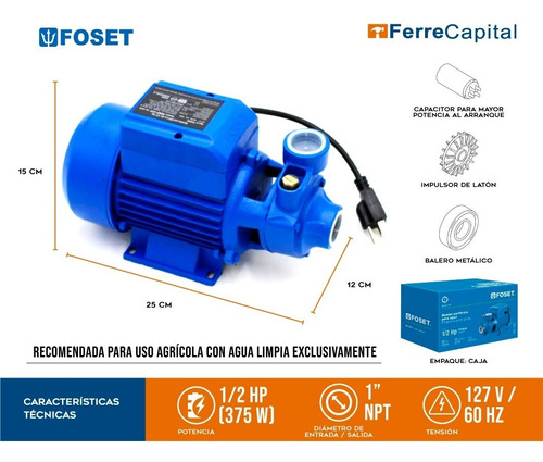 Bomba Eléctrica Periférica Agua 1/2 Hp, Foset Foset 49877