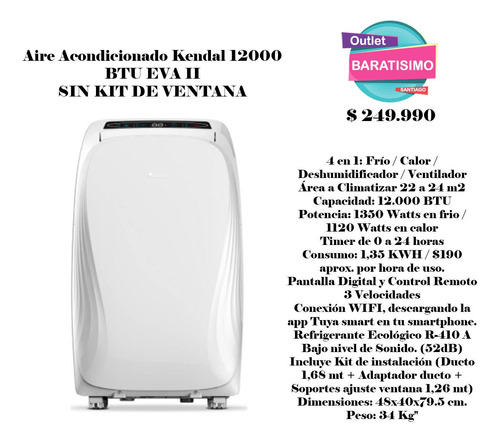 Aire Acondicionado Kendal 12000 Btu Eva Ii Sin Kit De Ventan