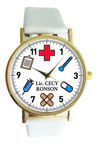 Reloj Enfermera Personalizado Con Nombre, Cristal, Piel