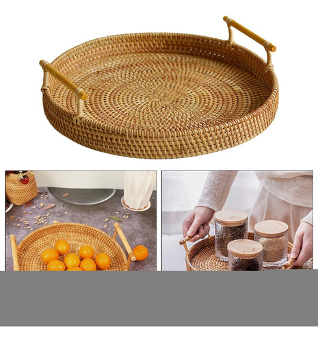 Bandeja De Armazenamento De Vime Tecido À Mão, Com Alça De