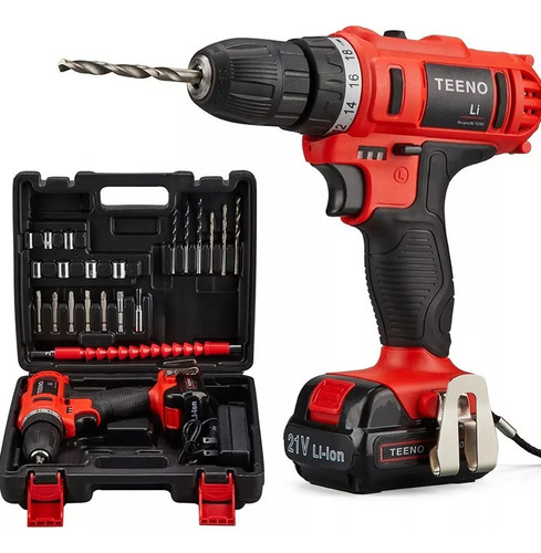 Taladro Atornillador 5816-1 Teeno Estuche Con Batería 3,000 mAh 1x21v Color Rojo Potencia 55.5 W