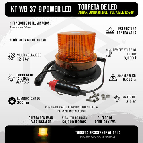 Torreta De Led Ambar Estrobo Uso Rudo Con Iman Ip67 12-24v