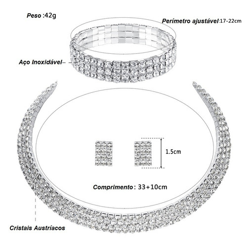Conjunto Colar, Pulseira E Brinco Strass Austríaco Mecresh