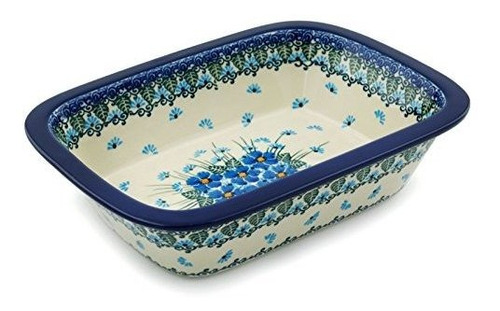 Polish Pottery Rectangular Baker 10-inch Forget Me Not Made 