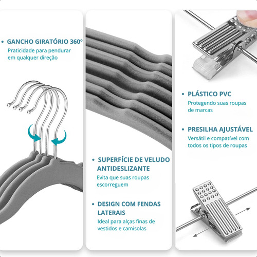 Kit 6 Cabides Veludo Slim Cinza Com Presilhas Gancho Cromado
