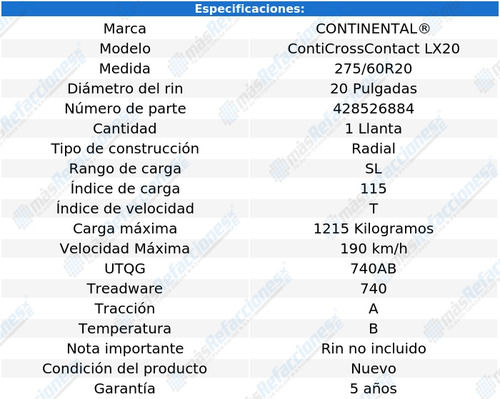 Llanta 275/60r20 115t Continental Conticrosscontact Lx20