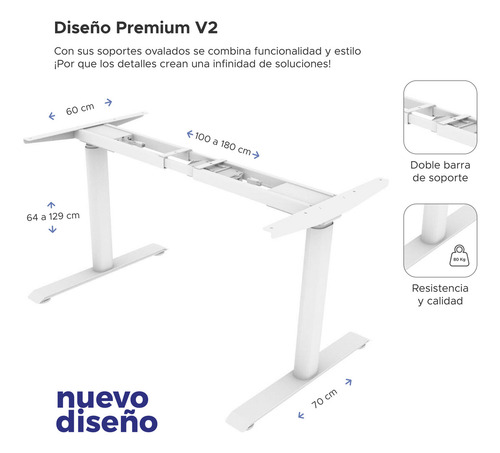Escritorio Premium De Altura Ajustable Eléctrico Randu 150x75cm 25mm Blanco Total Estable Y Resistente