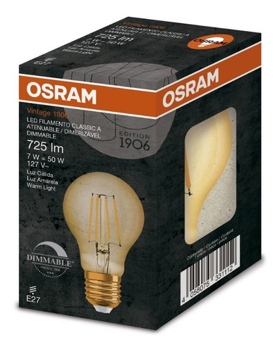 Lámpara Led Vintage Classic A60 7w Ambar Dimerizable Osram