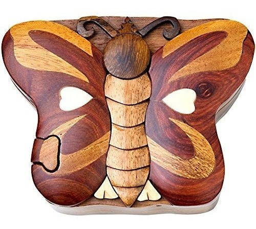 Mariposa Hecha A Mano Caja De Madera Tallada Intarsia Rompec