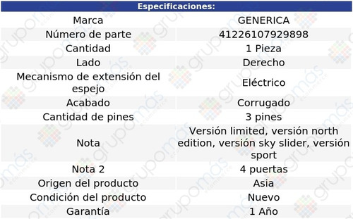 Espejo Derecho Eléctrico Corrug 3 Pines Liberty 08 Al 13