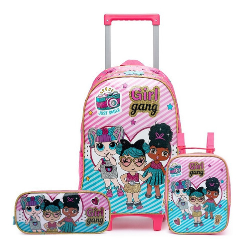 Kit Mochila Escolar Spector Rodinhas Princesas Menina Brilho Cor Rosa