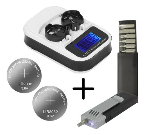 Kit Completo, Cargador+2 Pilas Lir2032+6 Bits Con Luz Led