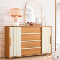 Comprar Cómoda de dormitorio Albatroz Evienza con 4 cajones y 2 puertas correderas, color blanco roto