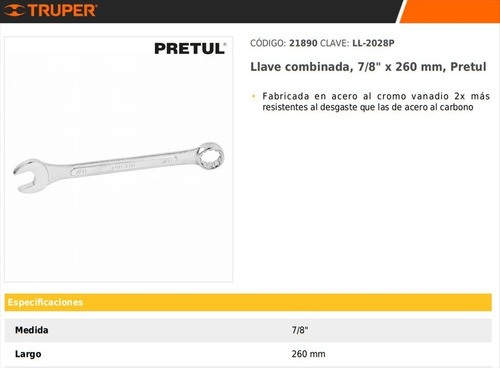 Llave Combinada 7/8 Pulgada Fija Estriada Cromo Vanad Truper