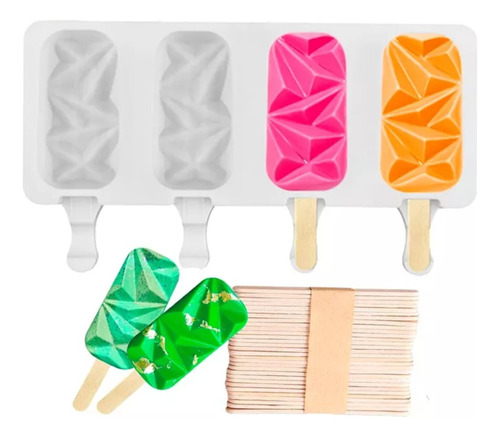 Molde De Silicona Para Helado Diseño Paleta Cristal + Palos