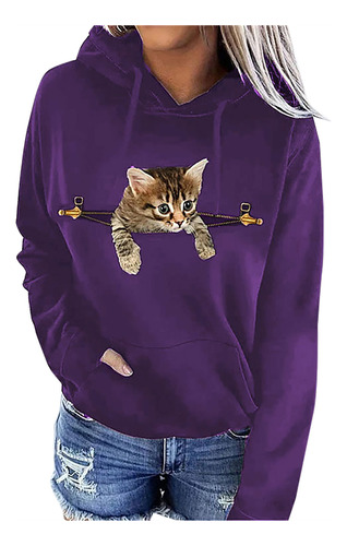 Sudadera Con Estampado De Gatos Para Mujer, Manga Larga, Con