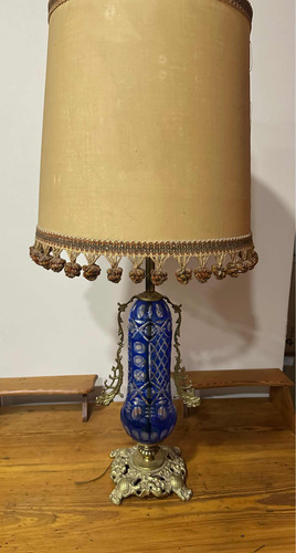 Lámpara De Mesa Antigua Cristal Azul Y Bronce