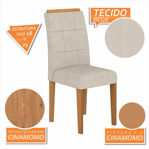 Kit 2 Cadeiras Estofadas Vitória Cinamomo/bege - M.a Cor Da Estrutura Da Cadeira Cinamomo Cor Do Assento Bege Desenho Do Tecido Liso