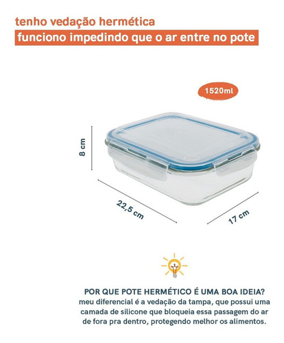 Pote De Vidro Retangular 1520 Ml C/ Tampa Transparente Oikos Cor Água