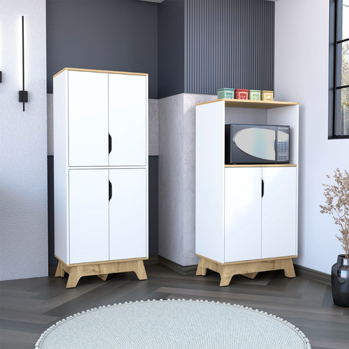 Mueble Microo + Alacena De Cocina - Bicolor Blanco/duna