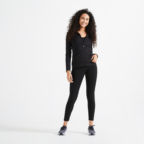 Chamarra Fitness Cardio Mujer Negro Corte Recto Domyos