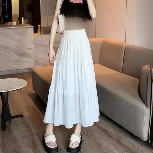 Falda Midi De Cintura Alta Para Mujer, Cintura Elástica Para