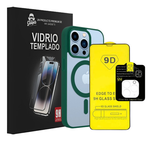 Kit Funda Verde +  Mica Pantalla Cámara Para iPhone Magsafe