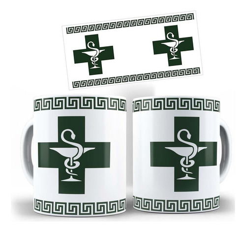 Taza con el símbolo de la farmacia, lámpara con forma de cruz, diseño de serpiente
