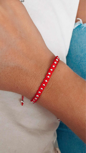 Pulsera Roja Macramé Bolitas De Plata