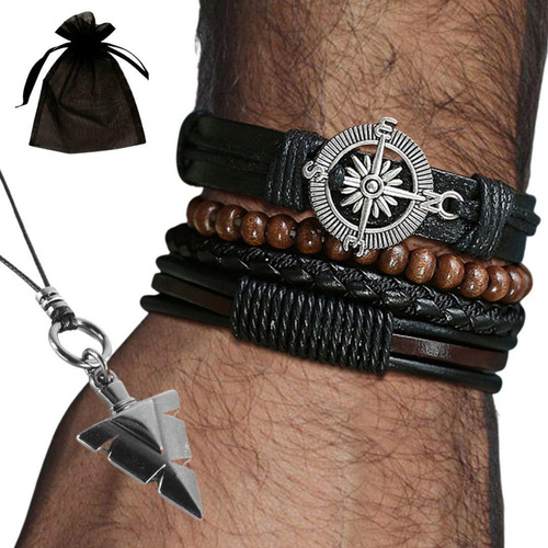 Kit Pulseiras Masculinas Couro + Colar Flecha